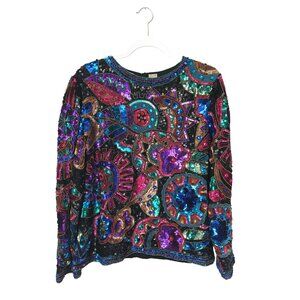 Museum-Worthy Vintage Sequin & Glass Bead Blouse – 100% Silk, Handcrafted Statem